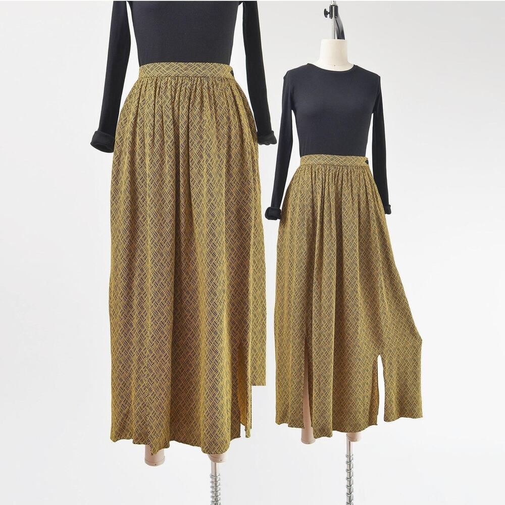 Vintage 70s Gold and Black Full Maxi Skirt with Slits by Ana Salazar size S